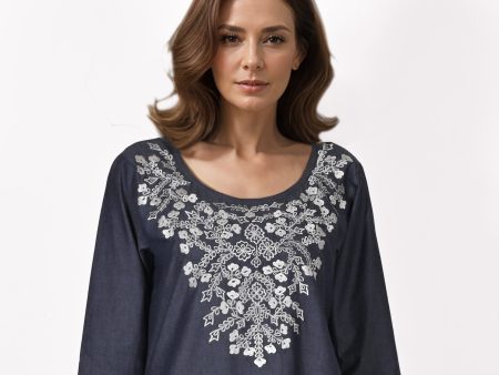 Blake Denim Chambray Cotton Embroidered Tunic Top Shirt; Made to Order Customizable Fashion