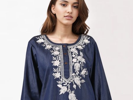 Noika Denim Chambray Cotton Embroidered Tunic Top Shirt; Made to Order Customizable For Sale