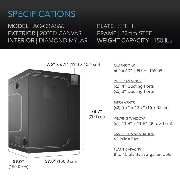 AC Infinity Grow Tent, CLOUDLAB 866, Advance Grow Tent 5x5, Thickest 1 In. Poles, Highest Density 2000D Diamond Mylar Canvas, 60  x 60  x 80  For Discount