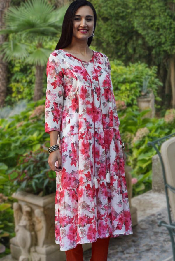 Aira Printed Pure Soft Cotton Tiered Long Tunic Kurta Dress: Regular and Plus Sizes, Made to Order Customizable Online Sale